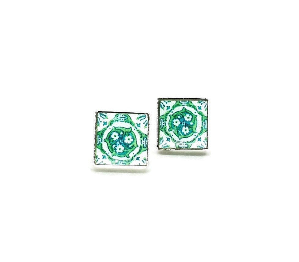LEANDRA - Green Azulejo Stud Earrings
