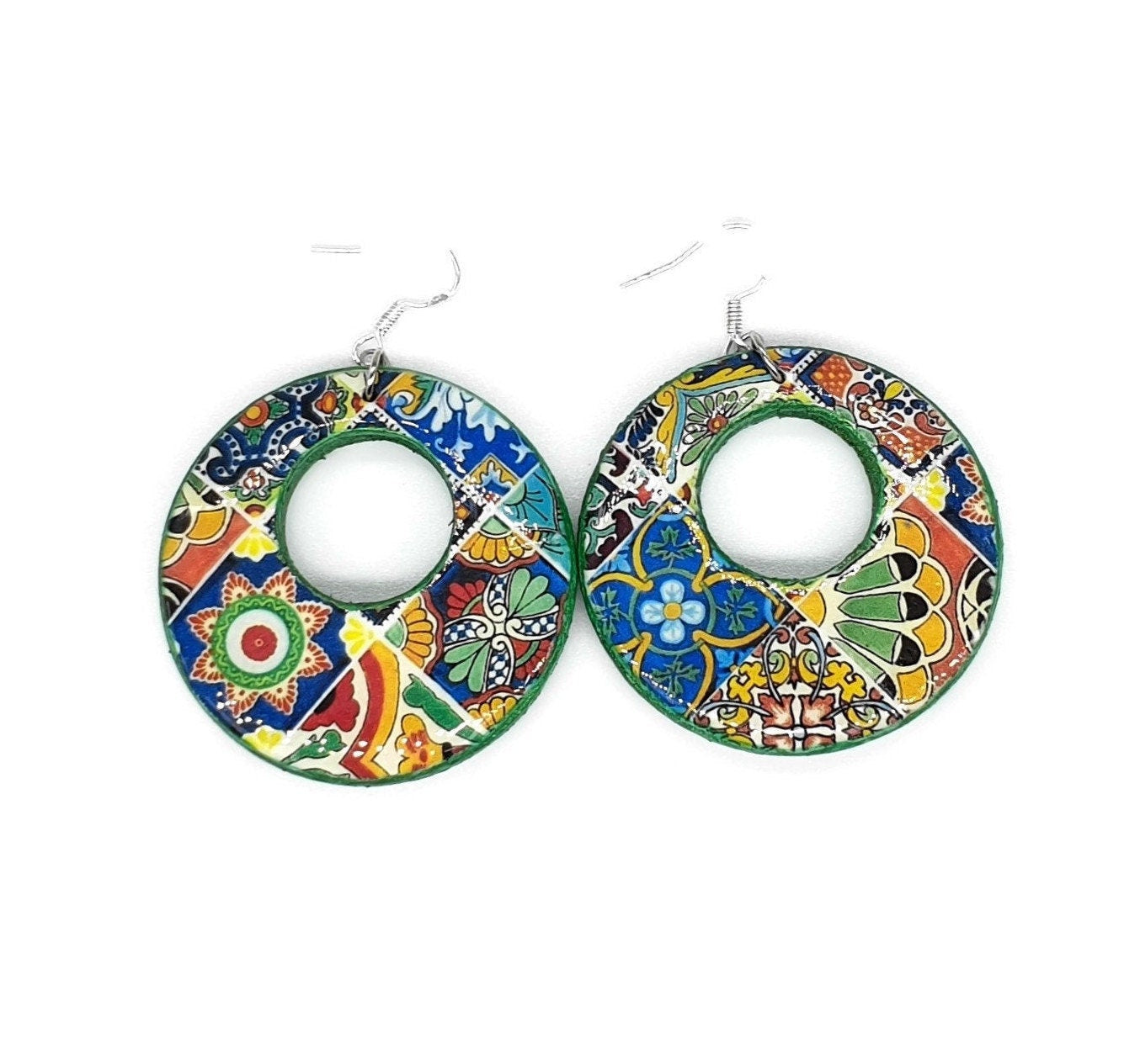 Mexican Mixed Tile Hoop Earring Talavera Spanish Tile Mismatched Hoop Statement Hoop Earring Colorful Jewelry Green Tile Hoop Latina Gift
