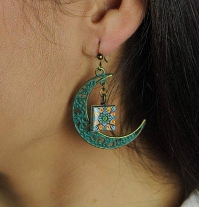 SAVANAH - Moon Verdigris Mexican tile Earrings