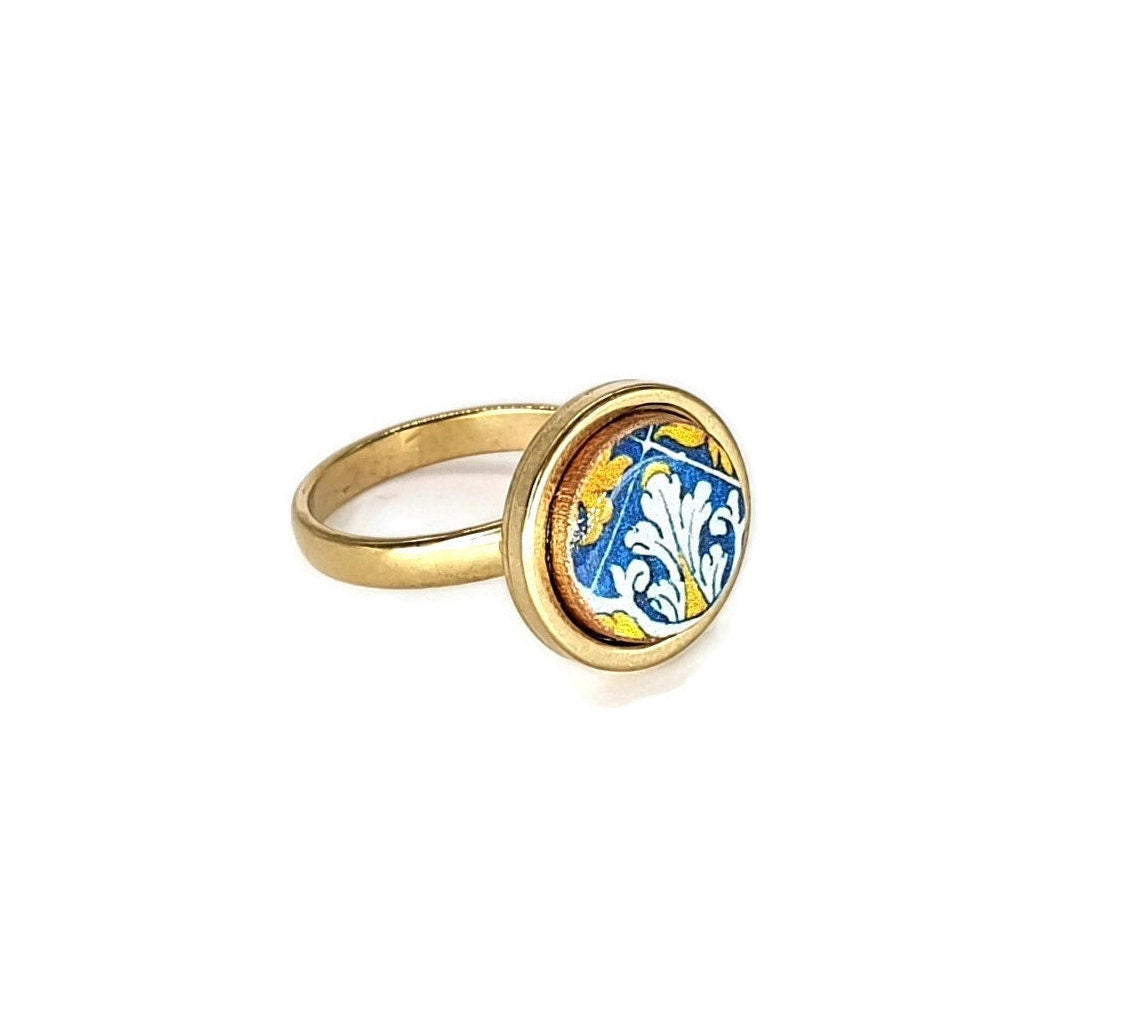 FELICIDADE - Gold Steel Round Tile Ring