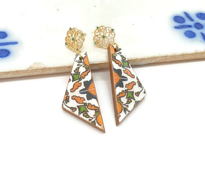 APOLONIA - Gold Filigree Long Triangle Stud Earrings - Portuguese Tiles