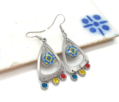 Portugal Tile Earrings Triangle Stainless Steel Teardrop Geometric Earrings Crystals Handmade Round tiles Spanish Tiles Travel Souvenir Gift