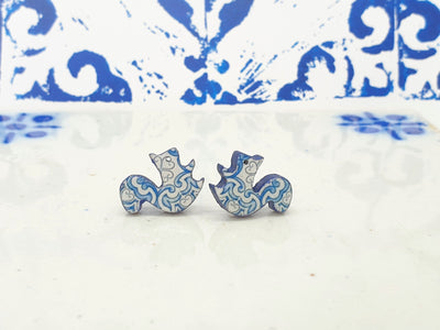 Squirrel Blue White Tile Studs Chipmunk Wood Earrings Portuguese Antique Tiles Post Earrings Small Azulejo Animal Handmade Tile Studs