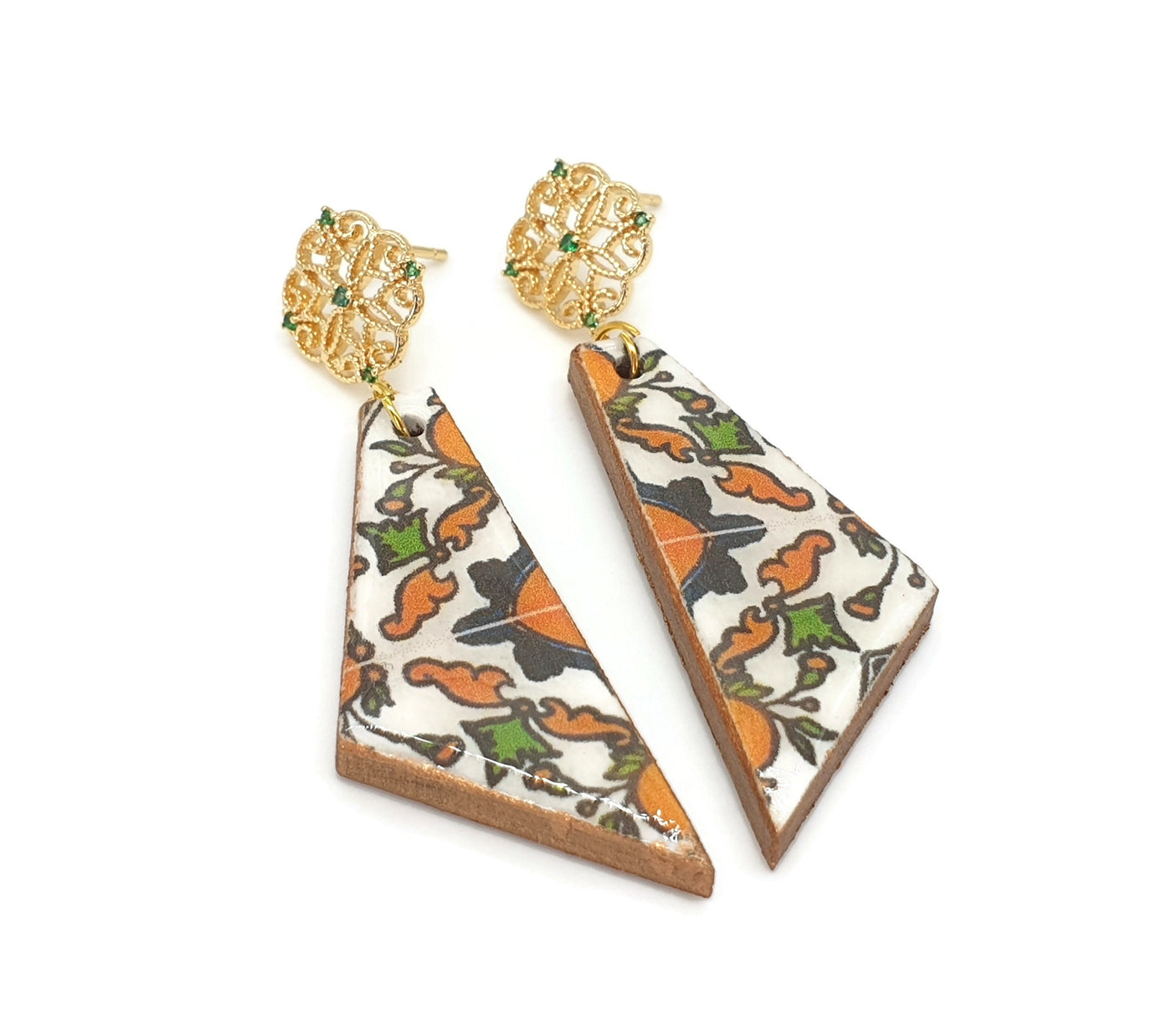 APOLONIA - Gold Filigree Long Triangle Stud Earrings - Portuguese Tiles