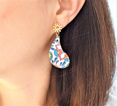 Mexican Tile Teardrop Earring Colorful Red Tile Statement Teardrop Earring Gold Filled Flower Earring Stud Oversized Wood Teardrop Tile