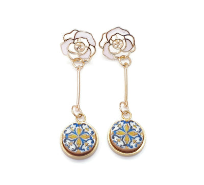 ROSE - White Rose & Gold Drop Earrings - Antique Round Tiles
