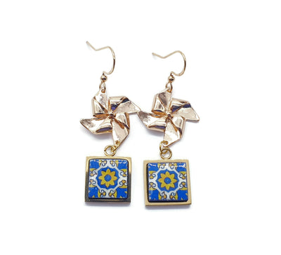 Windmill Gold Filled Earrings Pinwheel Portugal Antique Yellow Blue Tile Earrings Gold Minimal Portuguese Mom Gift Handmade Tile Earrings