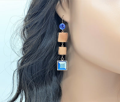 Portugal Antique Azulejo Square Dangle Earrings Tile Drop Earrings Square Geometric Earrings Majolica Blue White Delft Tile Rose Gold Steel