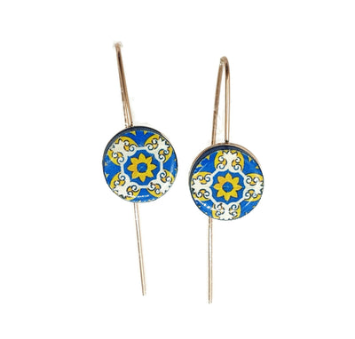 Portugal Round Tile Drop Earrings Gold STEEL Thread Tile Earrings Blue Yellow Antique Tiles Minimalist Earrings Simple Vintage Gold Tile