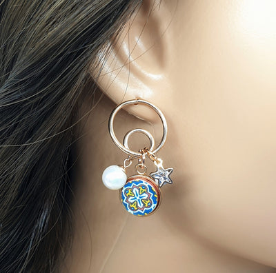 Portuguese Blue Rose Tiles Antique Azulejo Earrings Rose Gold Hoop Stud Earrings Pearl Star Studs Double Loop Rose Gold Earring Stud Tile