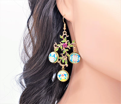 Gold Baroque Cross Earrings Italian Sicilian Rainbow Tile Gold Fashion Earring Crystal Drop Earrings Dolce Vita Cross Statement Earring Gift