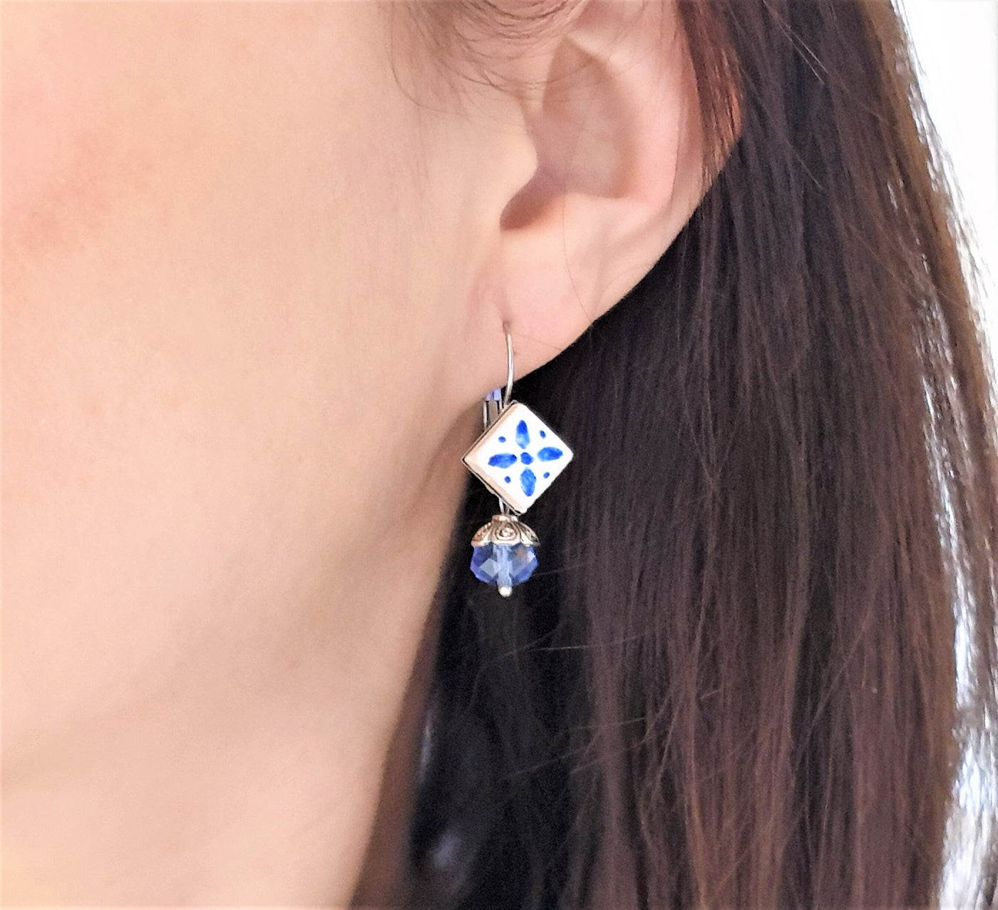 Ceramic Tile Hand Painted Earrings Portuguese Blue White Azulejo Earring Square Real Stone Earrings Stainless Steel Clear Blue Crystal Tile