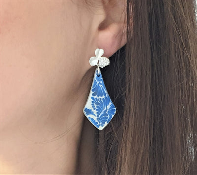 Mexican Teardrop Blue White Tile Earring Mexico Azulejo Earring Large Teardrop Wood Tile Silver Flower Stud Tiny Swarovski Zircon Stones
