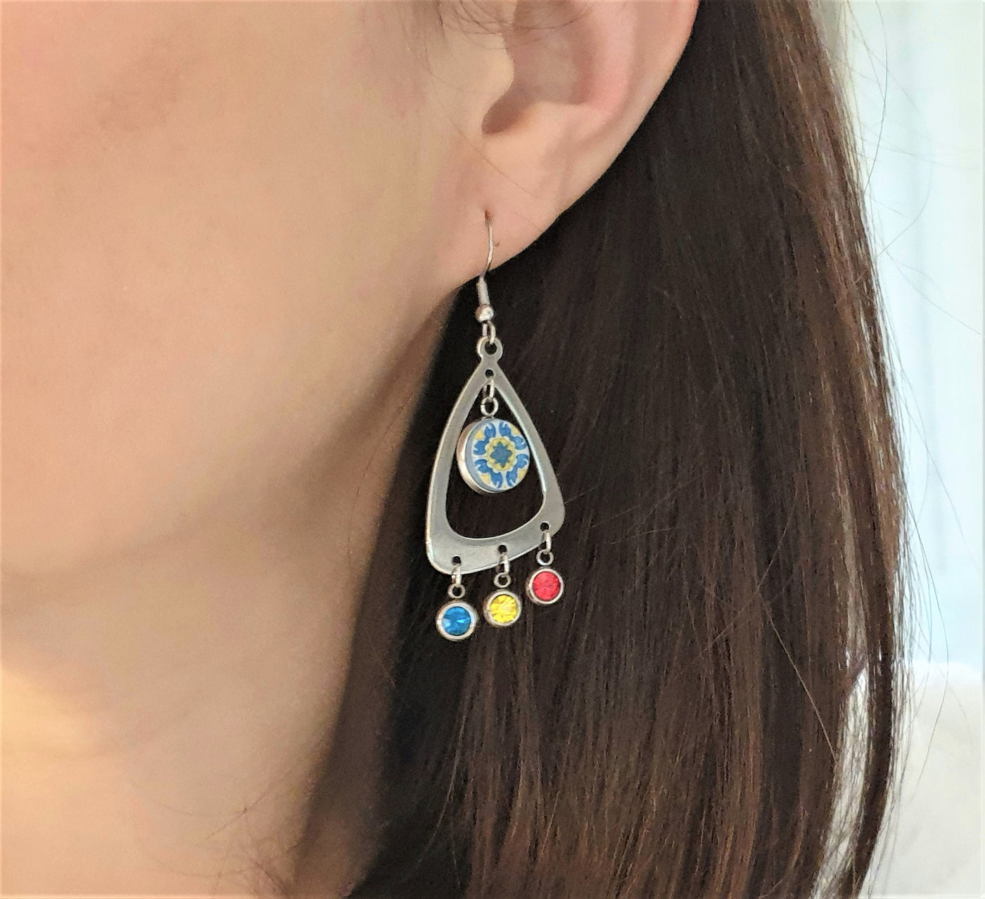 Portugal Tile Earrings Triangle Stainless Steel Teardrop Geometric Earrings Crystals Handmade Round tiles Spanish Tiles Travel Souvenir Gift