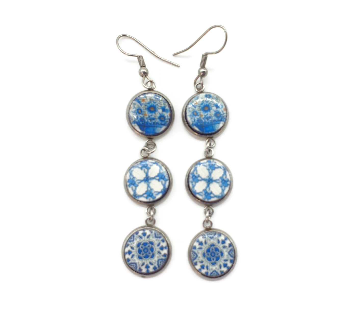 Portuguese Tiles Round STEEL Drop Earrings Blue White Earring Delft White Blue Jewelry XVIII Century Round Mixed Tile Earrings Mismatched