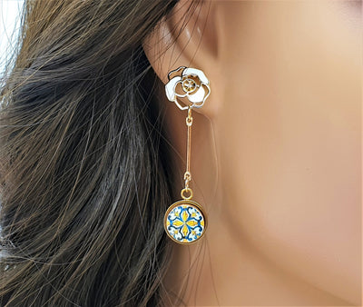 ROSE - White Rose & Gold Drop Earrings - Antique Round Tiles