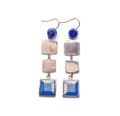 Portugal Antique Azulejo Square Dangle Earrings Tile Drop Earrings Square Geometric Earrings Majolica Blue White Delft Tile Rose Gold Steel