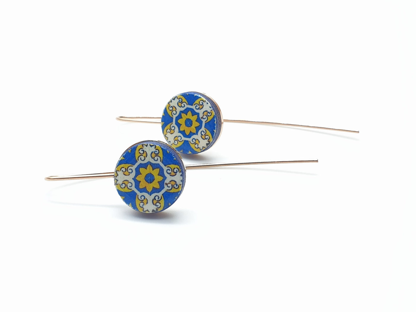 Portugal Round Tile Drop Earrings Gold STEEL Thread Tile Earrings Blue Yellow Antique Tiles Minimalist Earrings Simple Vintage Gold Tile