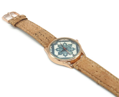 SKYLAR - Rose Gold & Blue Tile Cork Wristwatch