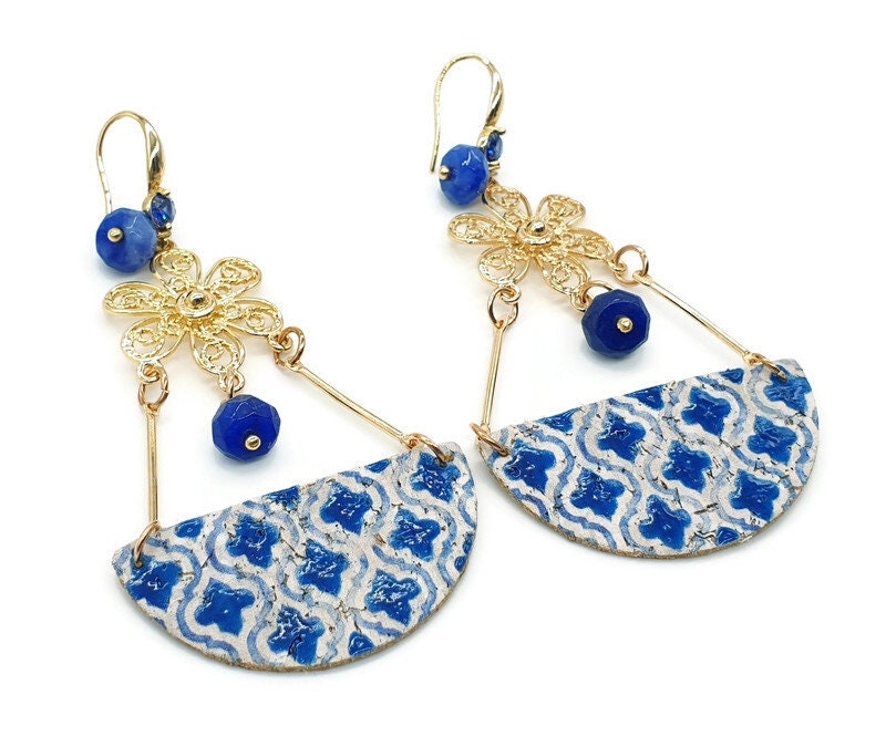 GENEVA - Lapis Lazuli & Cork Tile Earrings