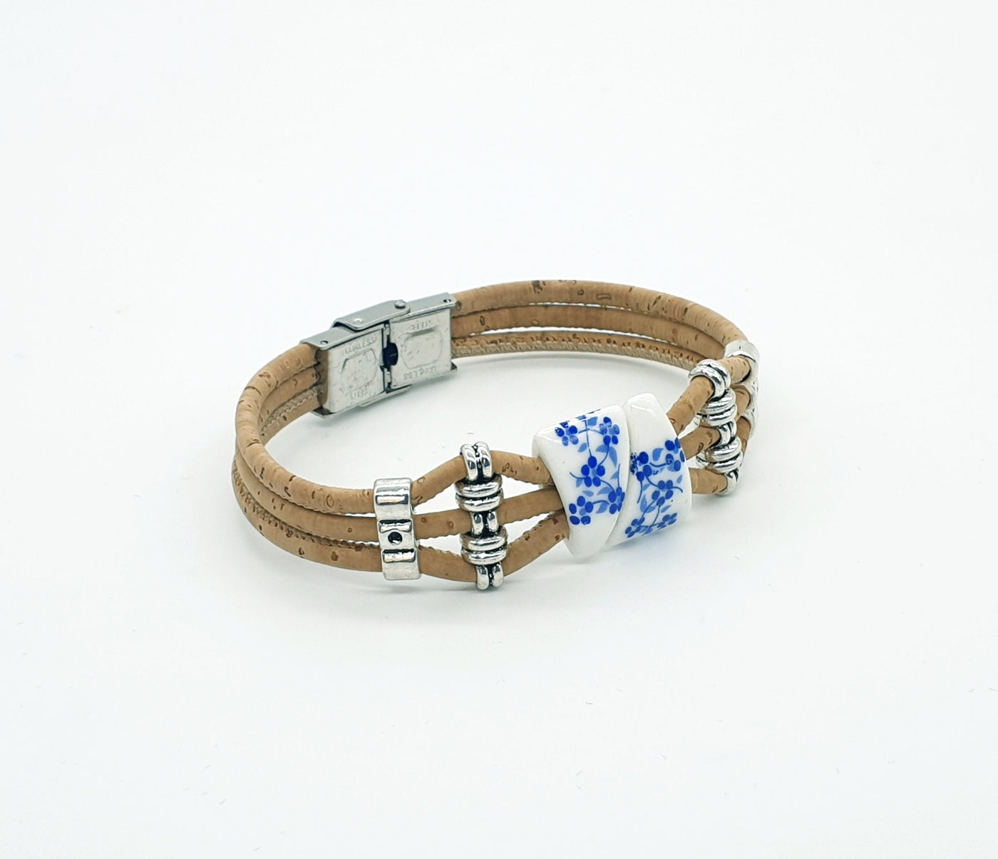 Portuguese CORK Bracelet Multi Strand Blue Ceramic Flower Triangle Bead Hypoallergenic Jewelry Cork Vegan Bracelet Handmade Eco Friendly