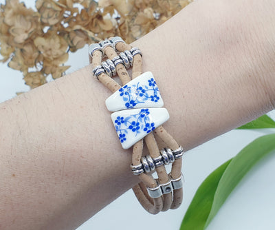 Portuguese CORK Bracelet Multi Strand Blue Ceramic Flower Triangle Bead Hypoallergenic Jewelry Cork Vegan Bracelet Handmade Eco Friendly