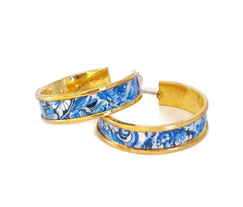 Blue and White Tile Gold Hoop Tile Earrings, by Inês Lamy