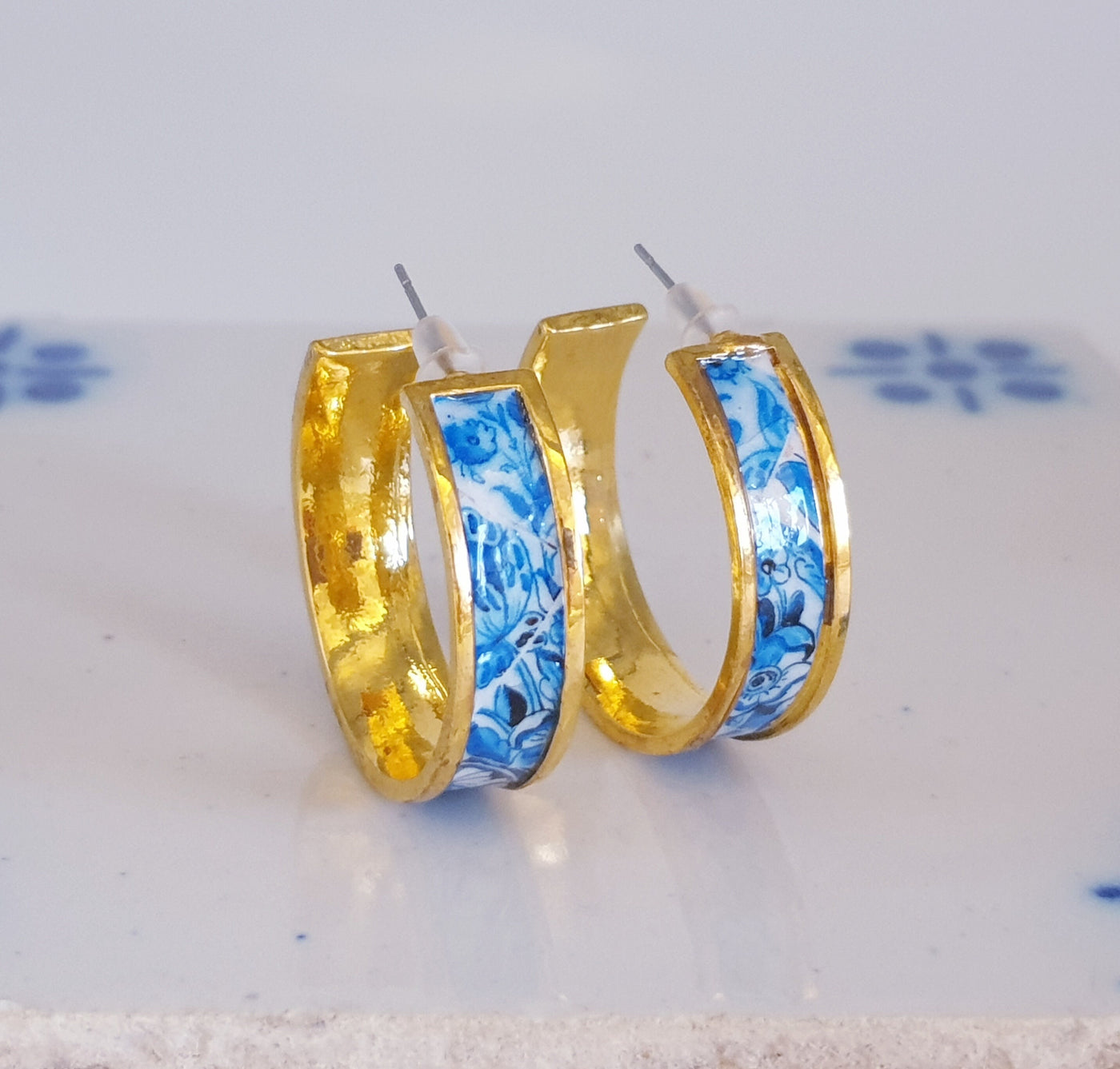 ALESSANDRA - Blue Gold Hoop Tile Earrings