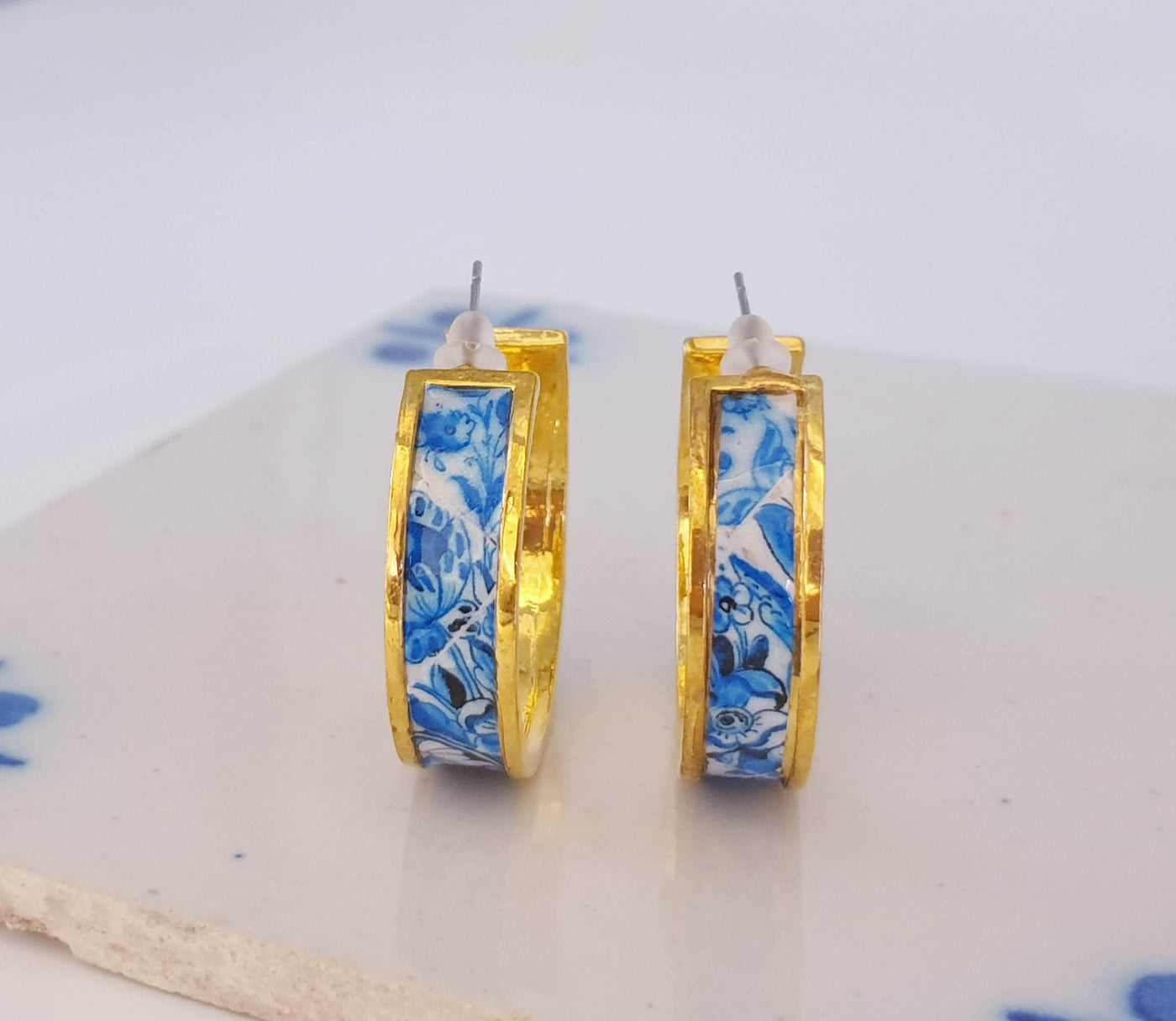 ALESSANDRA - Blue Gold Hoop Tile Earrings