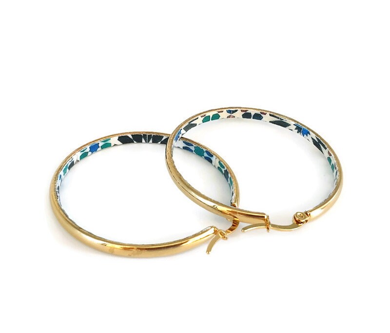 Gold HOOP Tile Earring, Moroccon STAINLESS STEEL Azulejo, Delicate Flat Hoops, Gift for her, Historical Jewelry, Anniversary Gift For Women