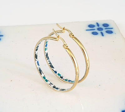 Gold HOOP Tile Earring, Moroccon STAINLESS STEEL Azulejo, Delicate Flat Hoops, Gift for her, Historical Jewelry, Anniversary Gift For Women