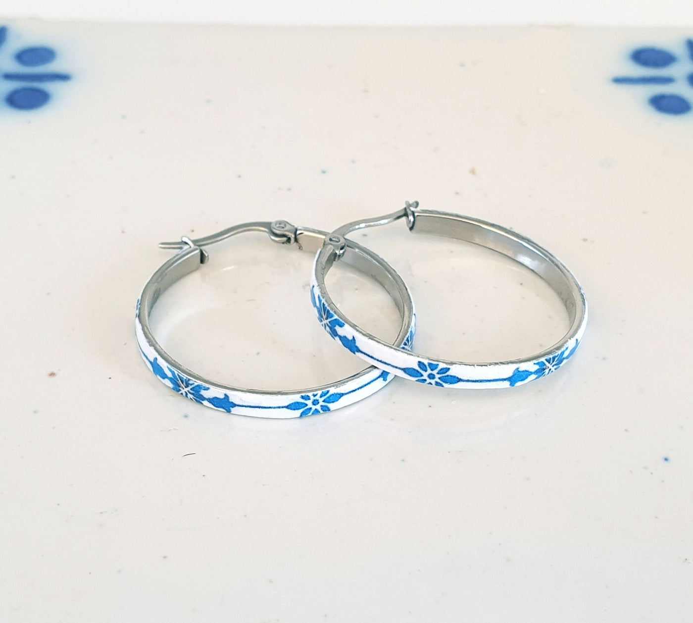 BLUE Thin HOOP Braga Tile Earring Blue Portugal STEEL Azulejo Delicate Silver Hoop Gift for Her from Portugal Vacation Travel Moving Europe