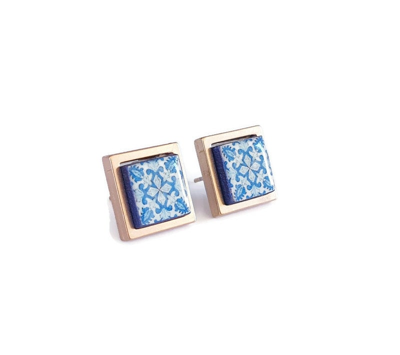 ANGELICA - Gold BLUE Tile Earrings