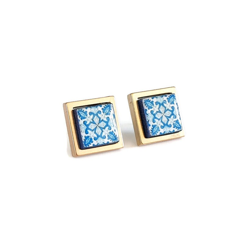 ANGELICA - Gold BLUE Tile Earrings