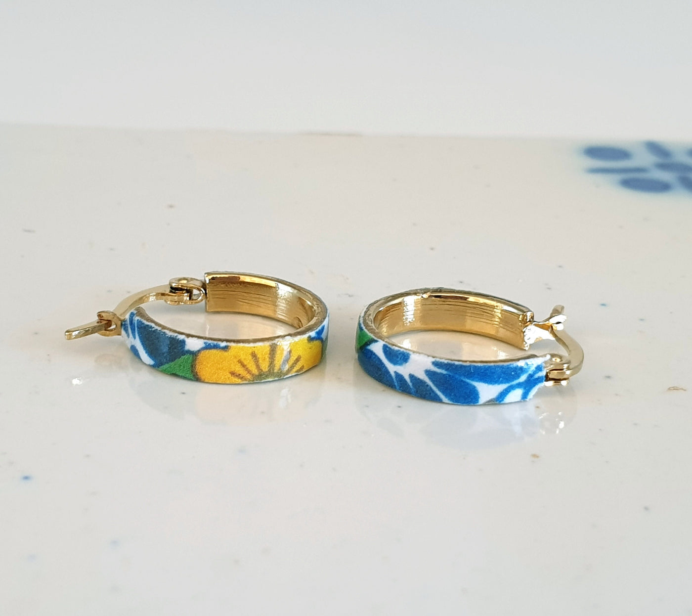 Small Gold HOOP Tile Earrings STEEL Blue Mexican Flower Tiles Delicate Flat Hoops Women Gift Historical Jewelry Anniversary Gift