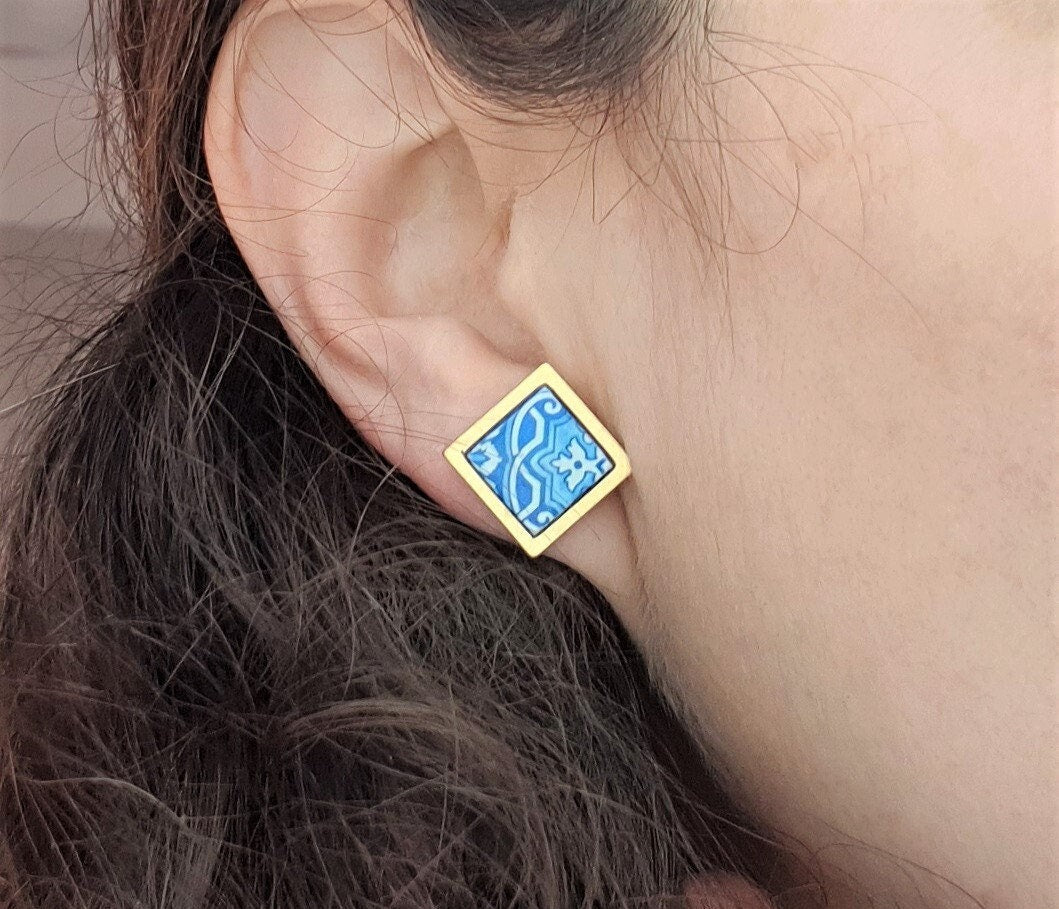 ARABELLA - Gold BLUE Tile Earrings