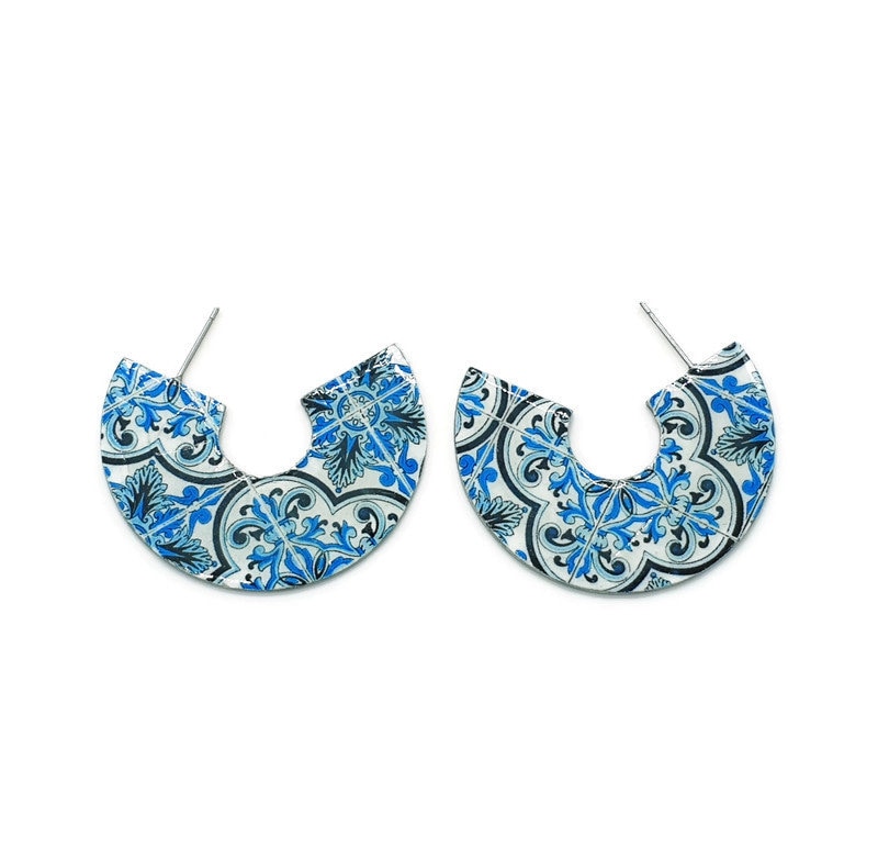 ELISA - Large Hoop Blue Tile Earrings