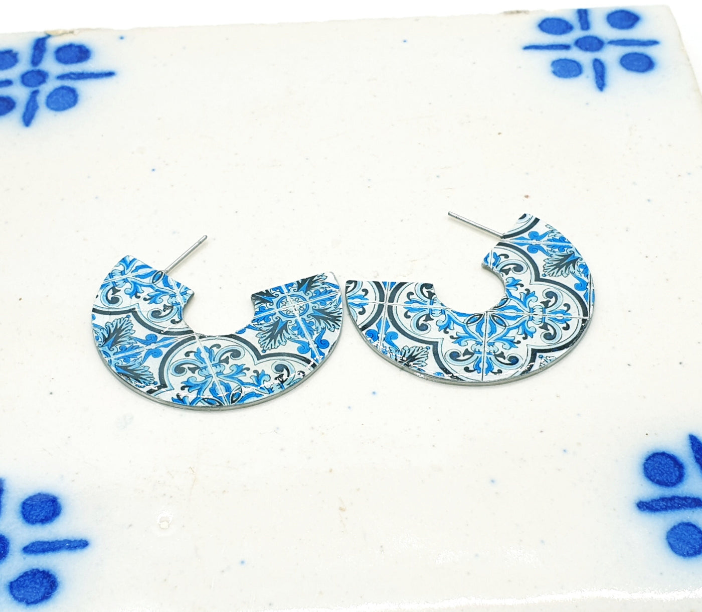 ELISA - Large Hoop Blue Tile Earrings
