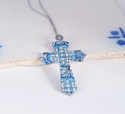 Blue and White Tile Cross Necklace in Steel, by Inês Lamy