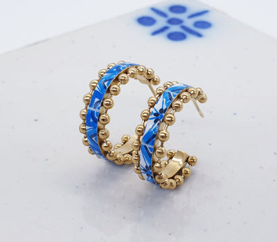 Small Gold HOOP Tile Earring Portugal STEEL Blue Lisbon Azulejo Delicate Tiny Gold Ball Hoops Historical Jewelry Gift Portugal Tile Souvenir