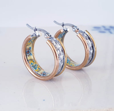 Mixed Metal HOOP Tile Earrings Portugal Azulejo STEEL Earrings Statement Gold Hoops Travel Vacations Women Gift Tile Silver Rose Gold