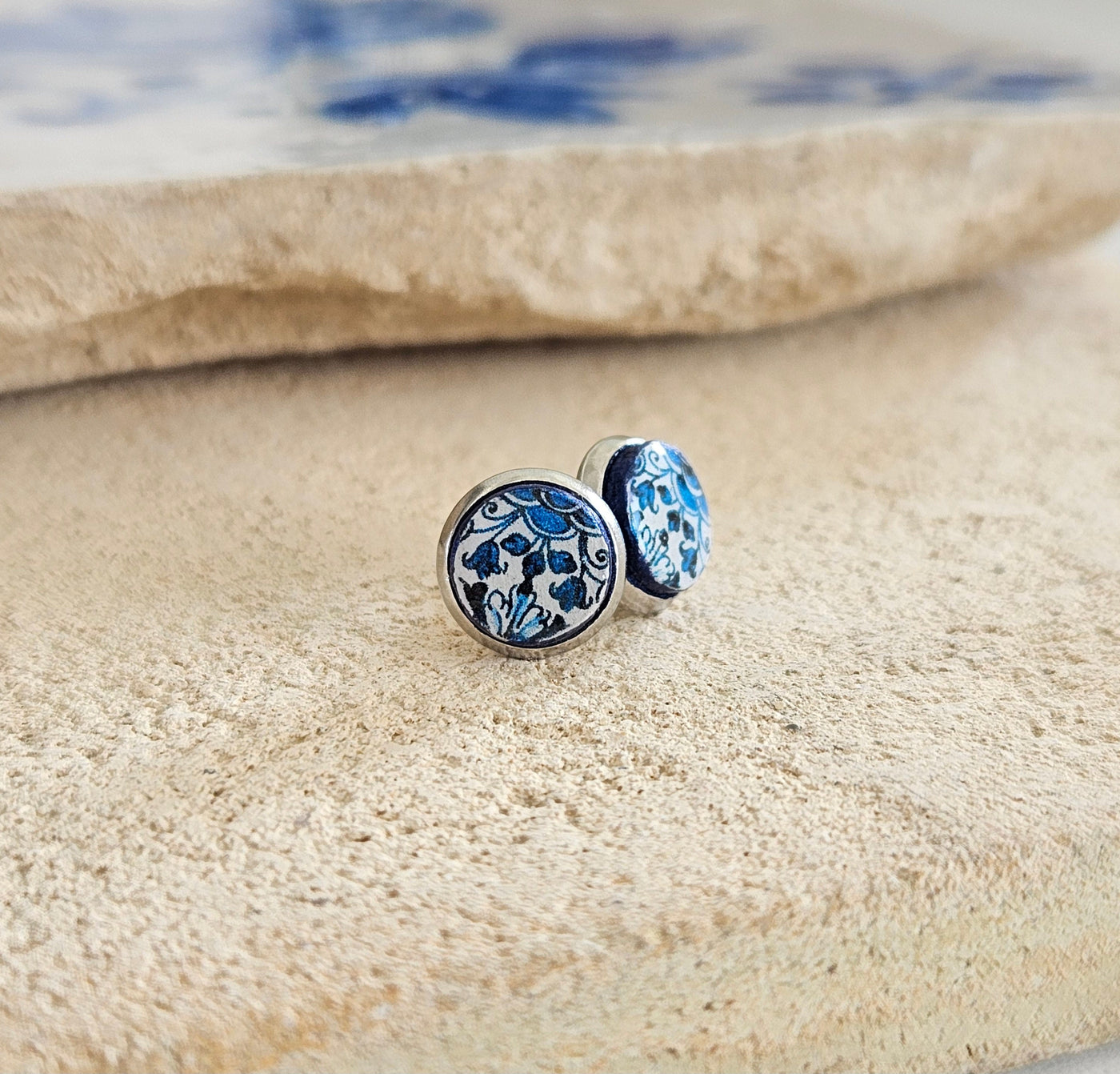 Round Tile Stud Earrings 8 mm Minimalist Açores Azulejos Men Earrings Round Women Small Blue Earrings Anniversary Gift Travel Souvenir Gift