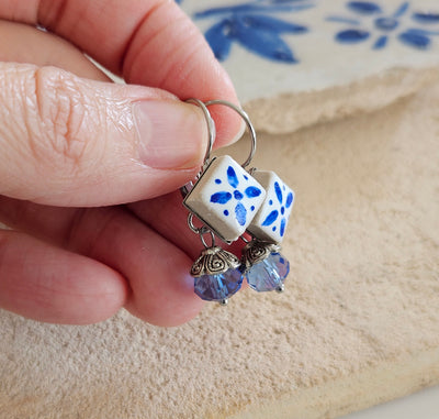 Ceramic Tile Hand Painted Earrings Portuguese Blue White Azulejo Earring Square Real Stone Earrings Stainless Steel Clear Blue Crystal Tile