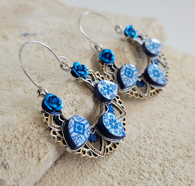 Portuguese Tile Hoop Earrings Blue Statement Hoops Tribal Ethnic Earrings Antique Silver Tiles Hoops Oversized Bohemian Hoop Blue Woman Gift