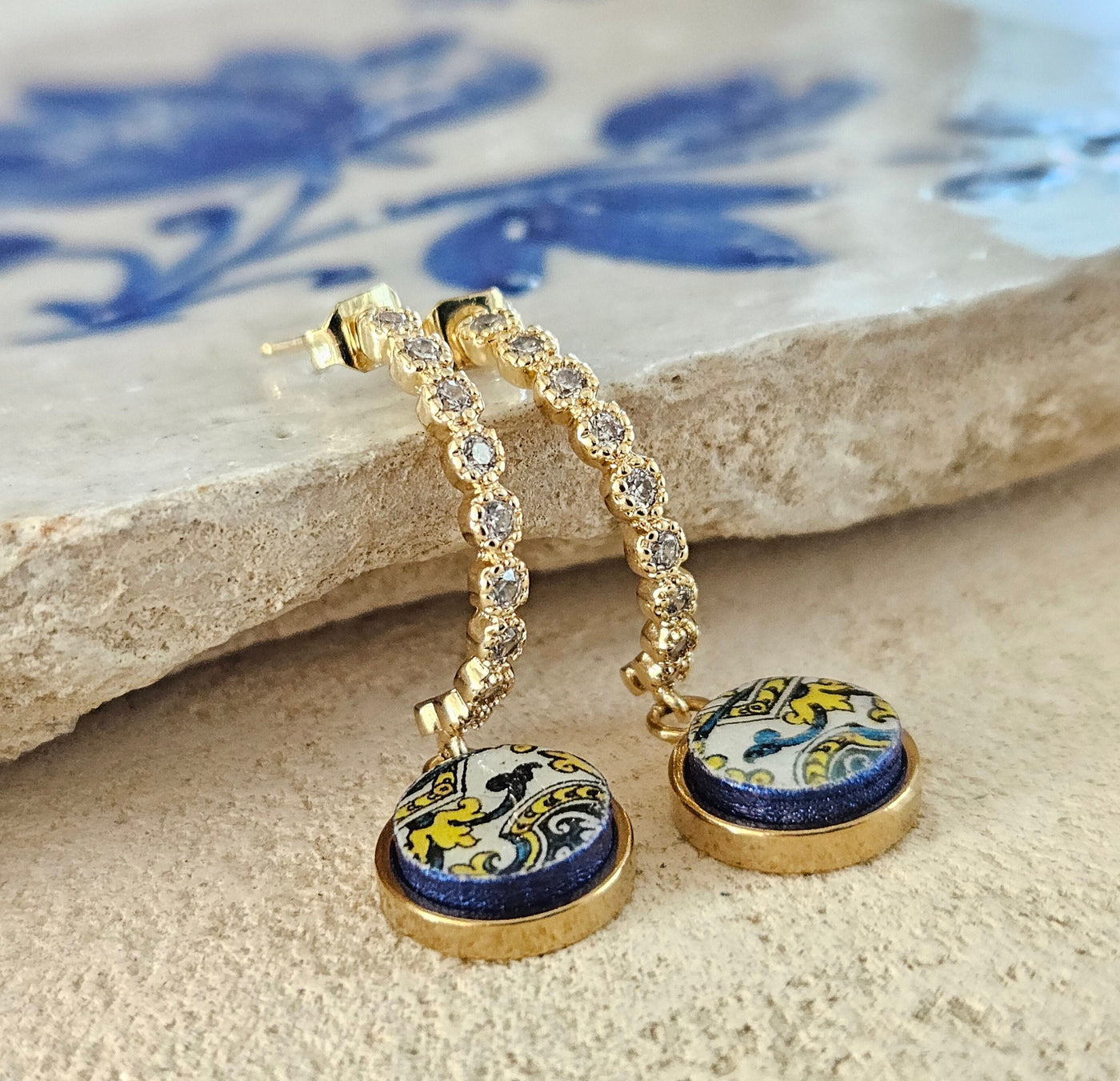 Half Hoop Tile Earrings Portuguese Antique Azulejo Earring Gold Steel Hoops Majolica Tile Jewelry Geometric Hoops Elegant CZ Zirconia Stones