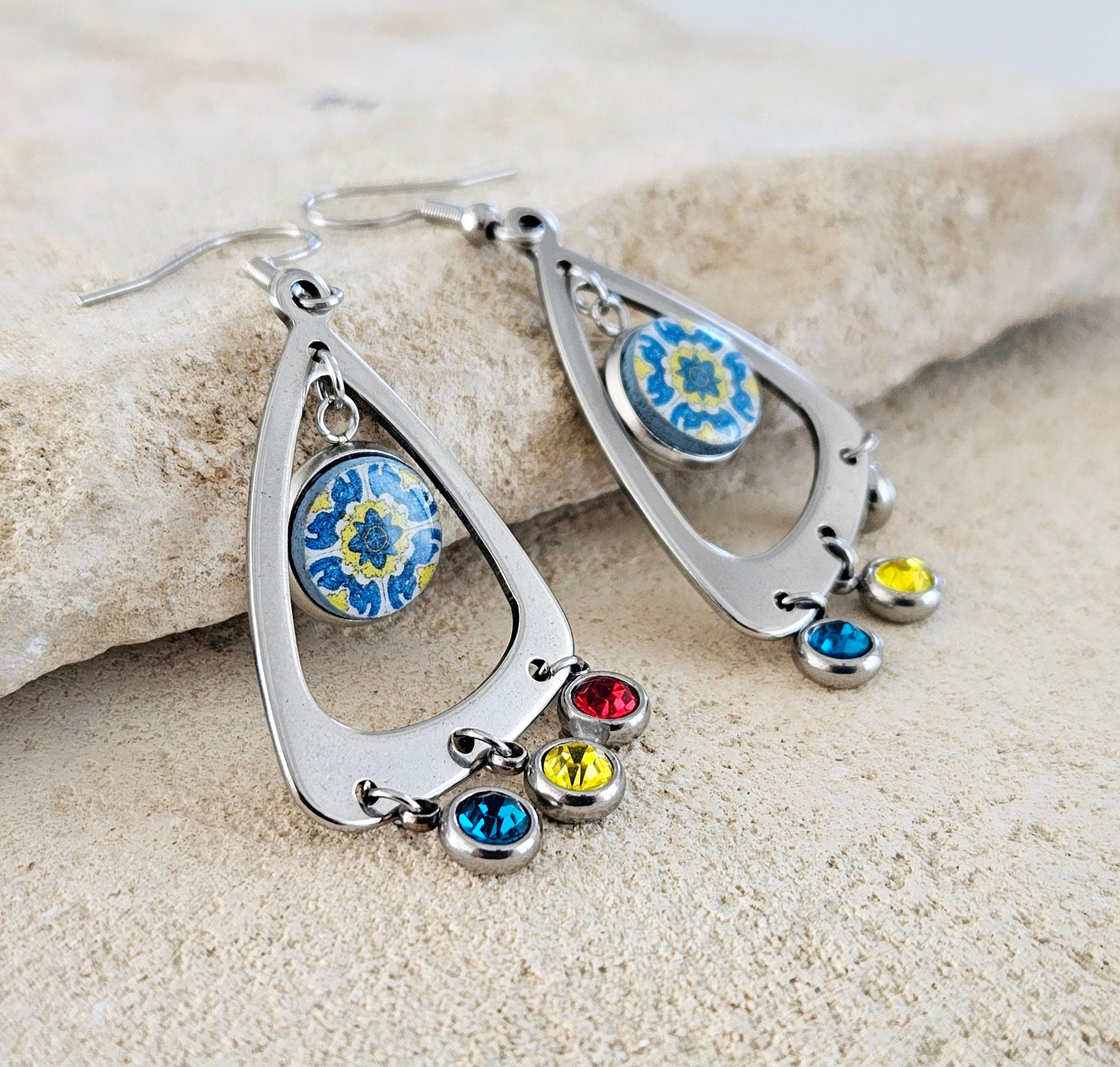 Portugal Tile Earrings Triangle Stainless Steel Teardrop Geometric Earrings Crystals Handmade Round tiles Spanish Tiles Travel Souvenir Gift