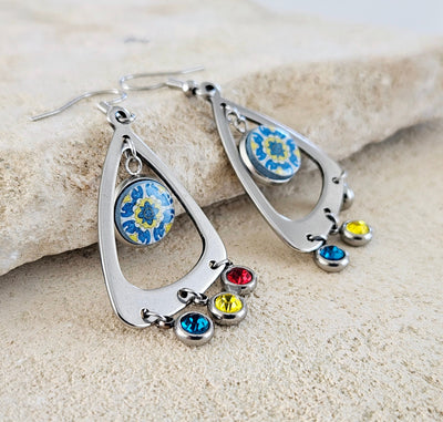 Portugal Tile Earrings Triangle Stainless Steel Teardrop Geometric Earrings Crystals Handmade Round tiles Spanish Tiles Travel Souvenir Gift