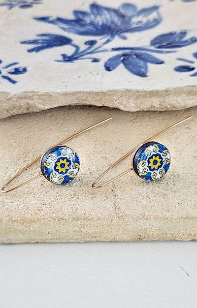 Portugal Round Tile Drop Earrings Gold STEEL Thread Tile Earrings Blue Yellow Antique Tiles Minimalist Earrings Simple Vintage Gold Tile