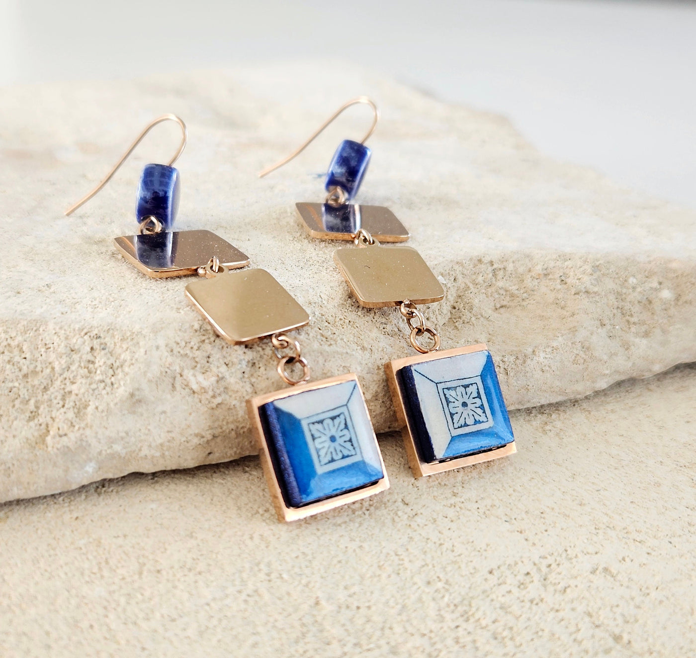 Portugal Antique Azulejo Square Dangle Earrings Tile Drop Earrings Square Geometric Earrings Majolica Blue White Delft Tile Rose Gold Steel