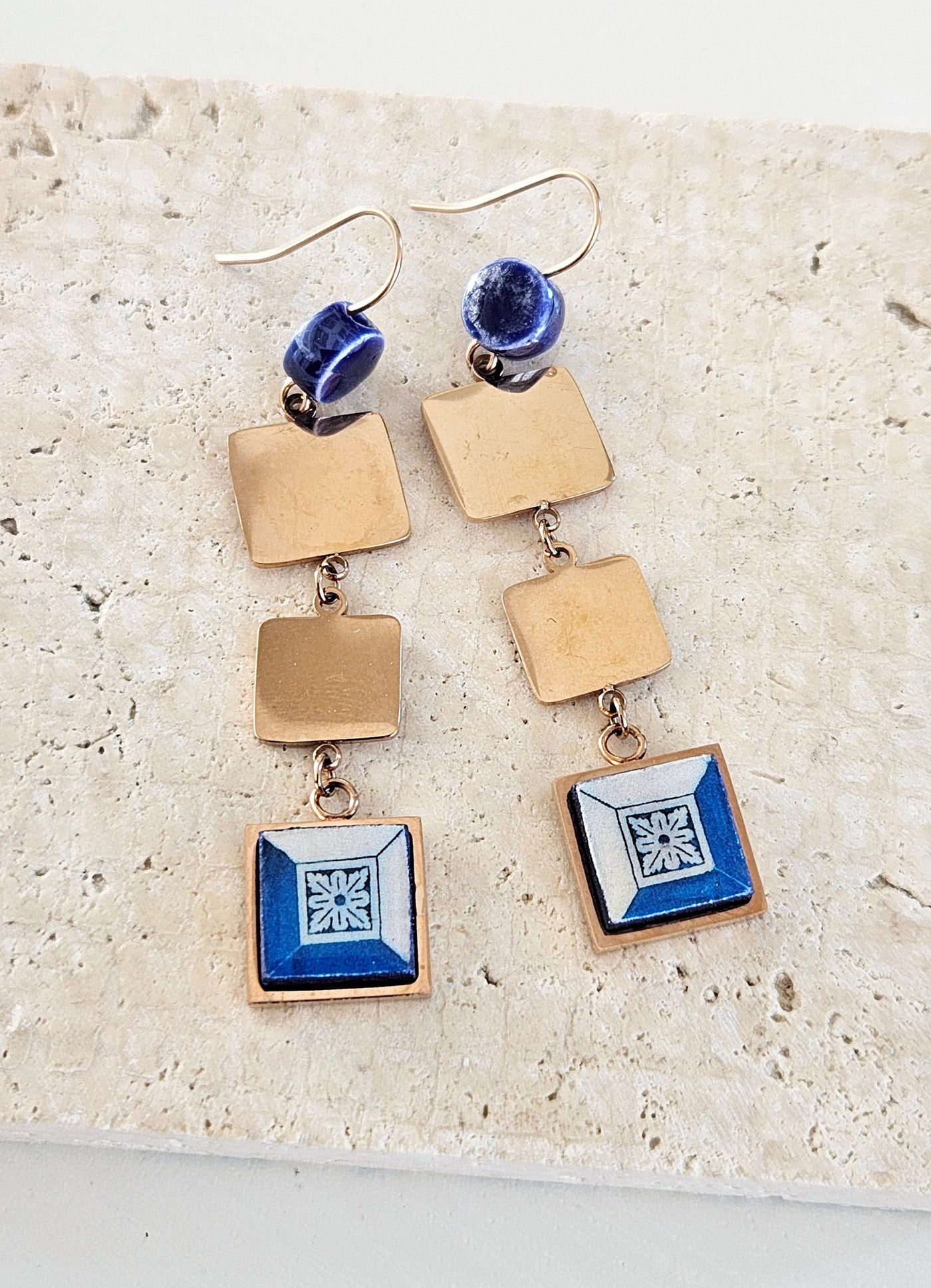 Portugal Antique Azulejo Square Dangle Earrings Tile Drop Earrings Square Geometric Earrings Majolica Blue White Delft Tile Rose Gold Steel